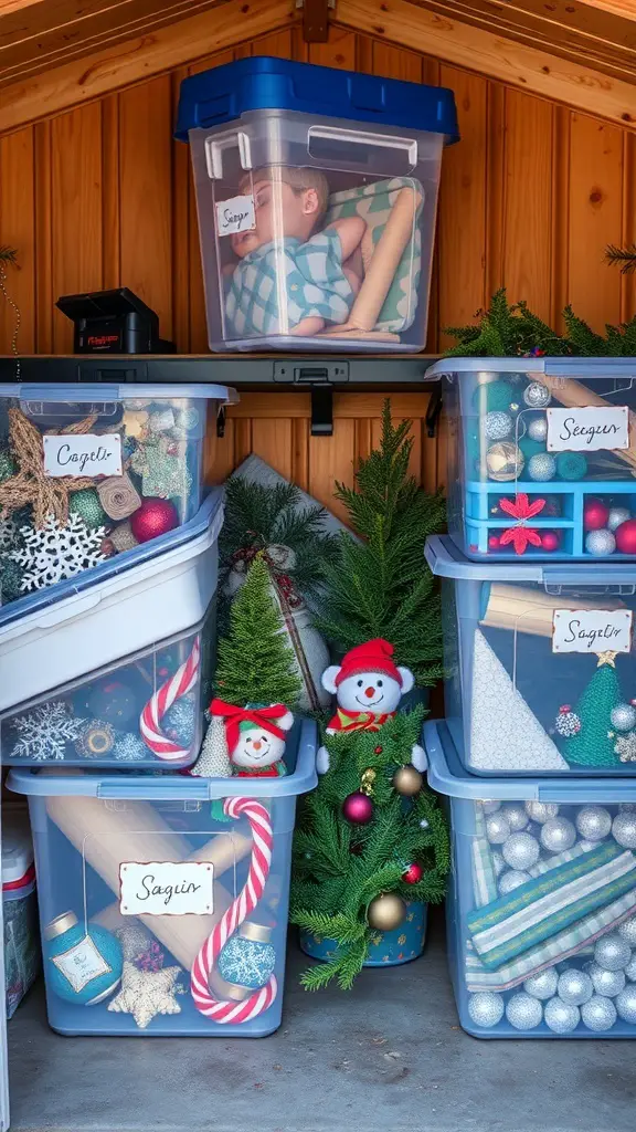 Organized shed with labeled bins for seasonal decor storage.