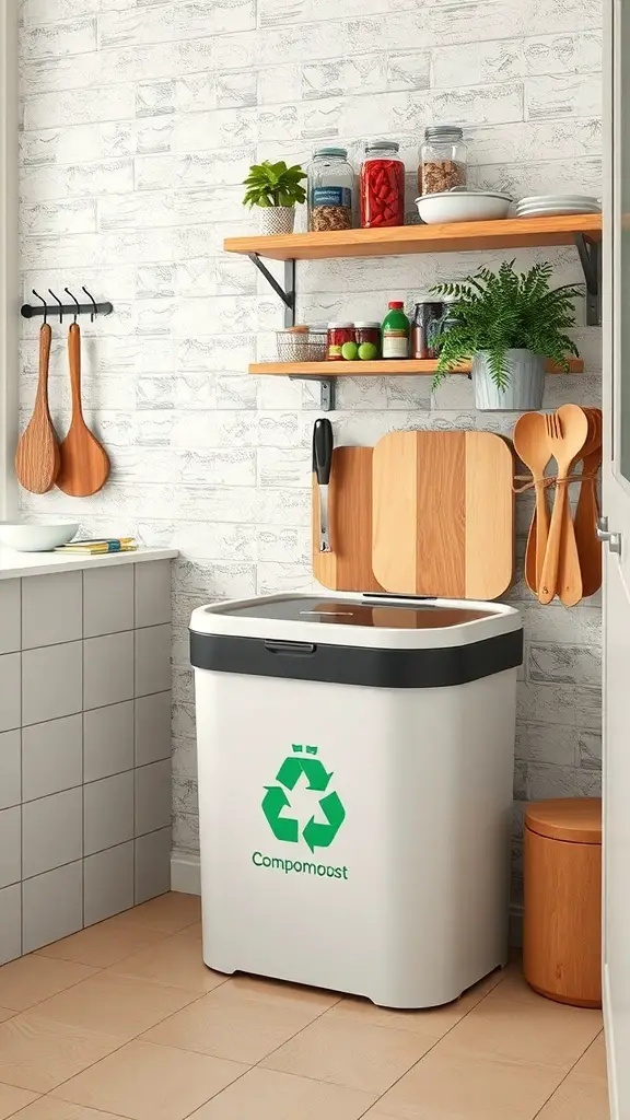 A modern kitchen with a compost bin and organized shelves.