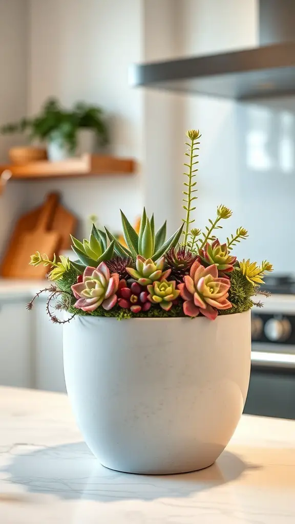 A beautiful succulent garden centerpiece in a white pot, showcasing various colorful succulents.