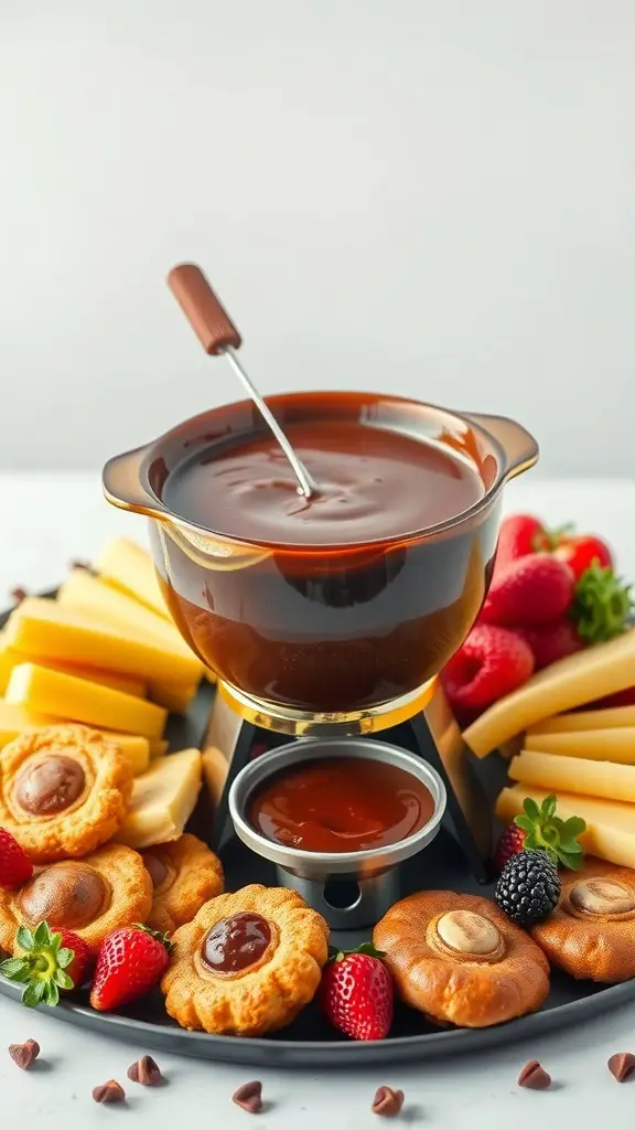 A chocolate fondue pot surrounded by assorted dippers including fruits, cookies, and cheese.