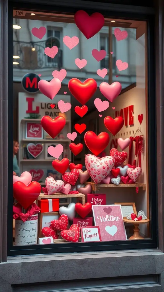 Valentine's Day window display with heart-shaped balloons and decorations