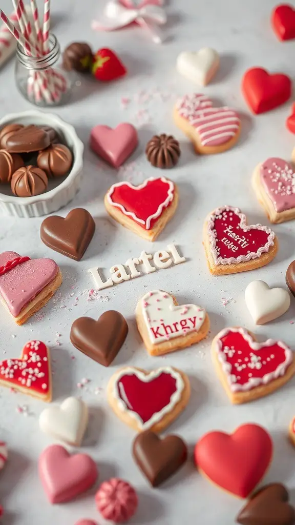 23 Adorable Valentine's Day Room Decor Ideas You’ll Love 14 A colorful display of heart-shaped cookies, chocolates, and candies for Valentine's Day.
