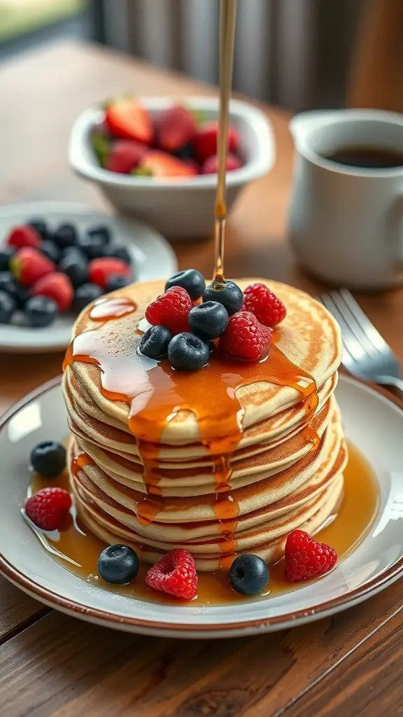 A stack of heart-shaped pancakes topped with berries and syrup, served with a side of fresh fruit and coffee.