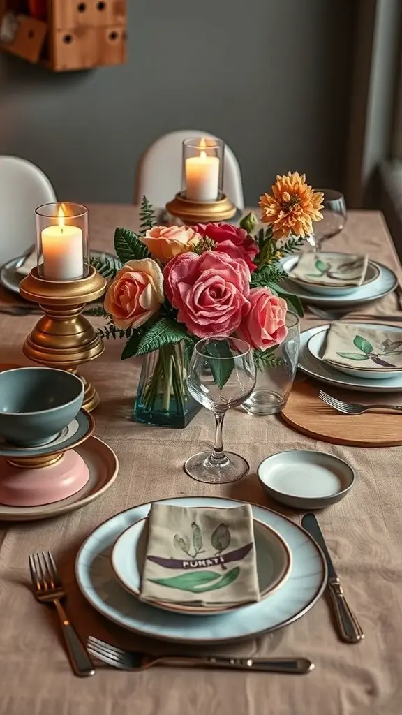 A beautifully arranged Valentine's Day table setting with layered plates, floral centerpiece, and candles.