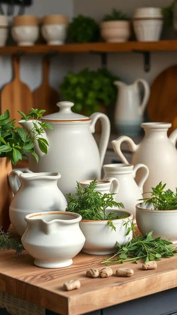 A collection of handmade pottery items on a wooden surface, featuring various sizes of pitchers and bowls with fresh herbs.