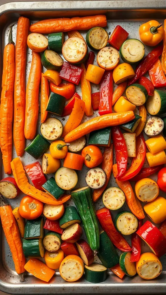A tray of colorful roasted vegetables including carrots, zucchini, bell peppers, and potatoes.