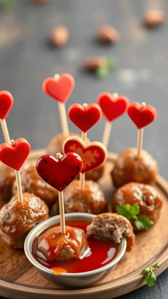 Mini heart-shaped meatballs on a wooden platter with heart-shaped toothpicks and a bowl of ketchup.