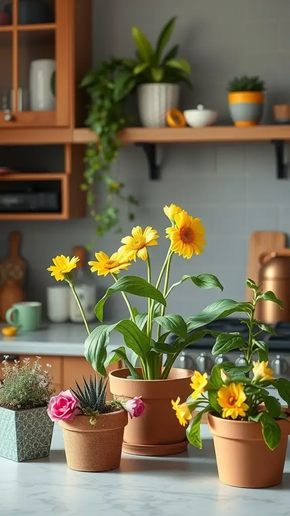 29+ Stunning Kitchen Countertop Decor Ideas 7 Colorful kitchen countertop with various potted plants including sunflowers and succulents.
