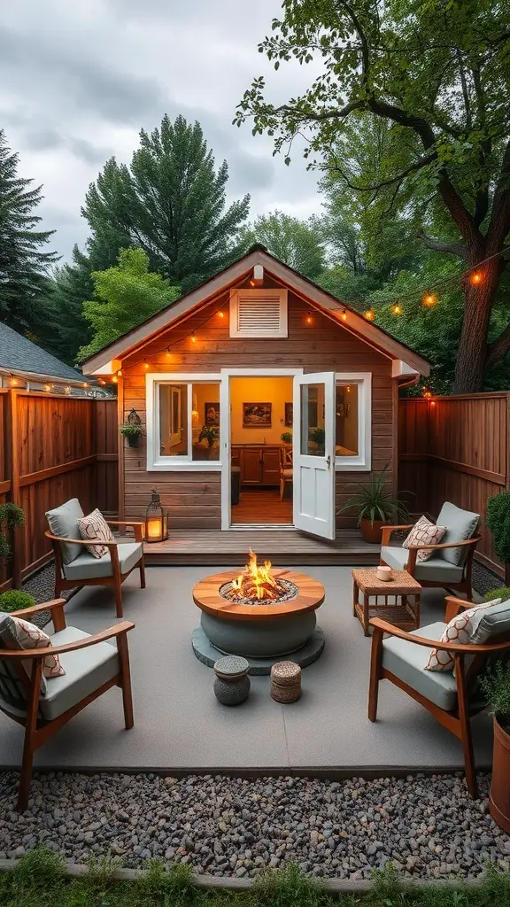 27+ Inspiring Tiny Shed House Ideas 14 A cozy shed house with outdoor living space featuring a fire pit and comfortable seating.