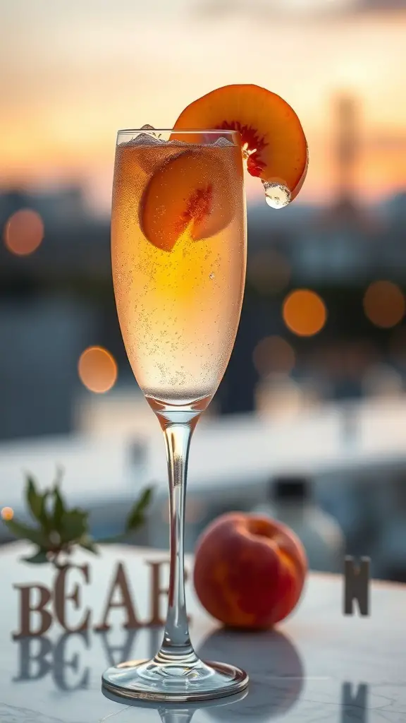 A glass of Peach Bellini with a slice of peach on the rim, set against a warm sunset background.