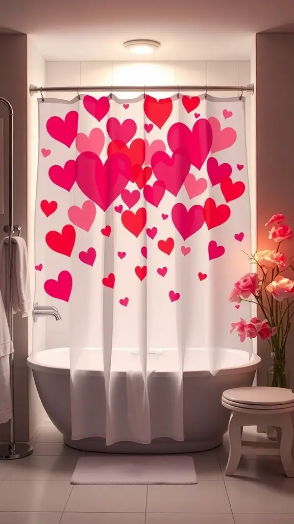 29+ Adorable Valentine Bathroom Decor Ideas for a Romantic Touch 2 A bathroom with a heart-themed shower curtain featuring various pink and red hearts.