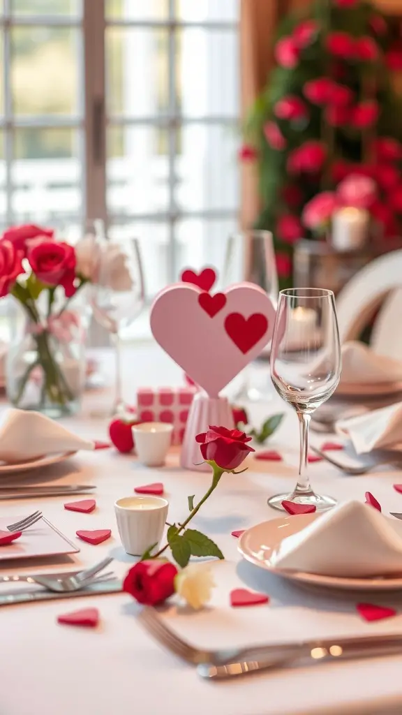 29+ Stunning Valentine's Tablescape Ideas to Impress Your Sweetheart 11 A beautifully set Valentine's table with heart-shaped place cards, roses, and rose petals.