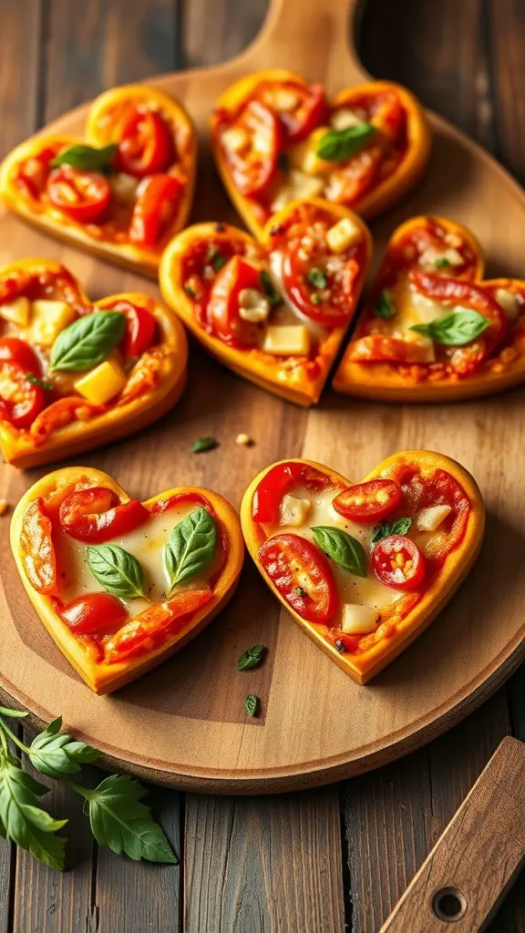 A wooden platter with mini heart-shaped pizzas topped with tomatoes and basil.