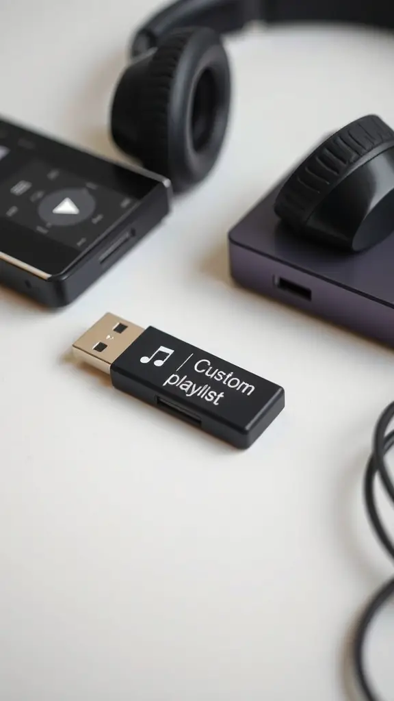 A USB drive labeled 'Custom Playlist' next to headphones and a music player.