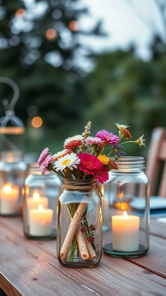 Mason jar lanterns with wildflowers and candles on a wooden table