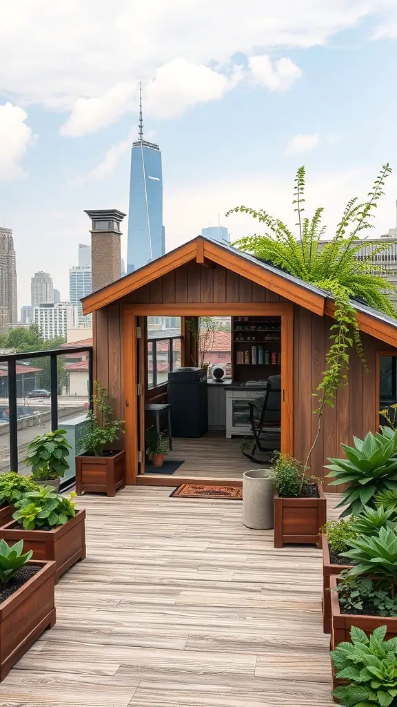 A modern wooden shed with a rooftop garden, surrounded by plants, overlooking a city skyline.