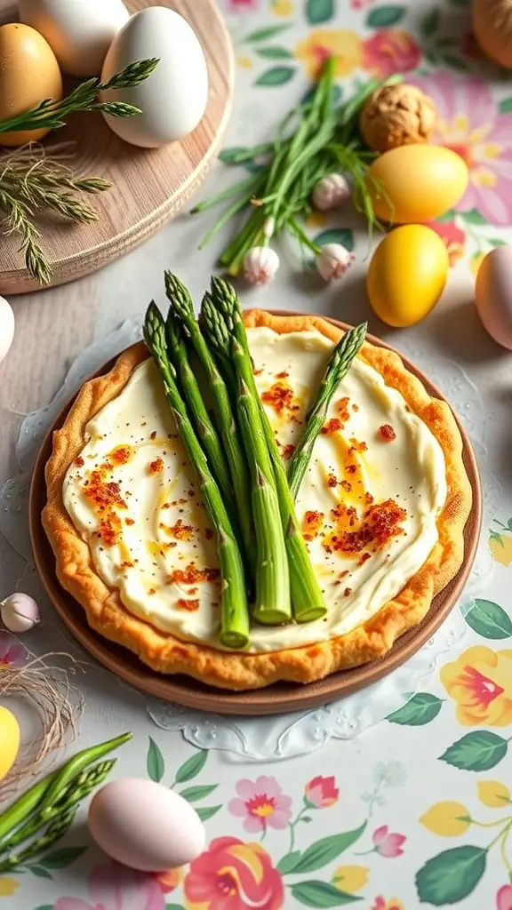 A delicious asparagus tart topped with goat cheese, surrounded by colorful Easter eggs and fresh herbs.