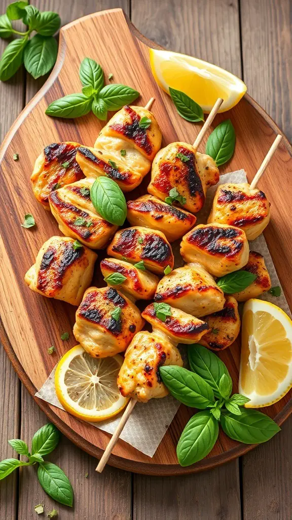 Grilled lemon basil chicken skewers on a wooden platter with lemon slices and fresh basil
