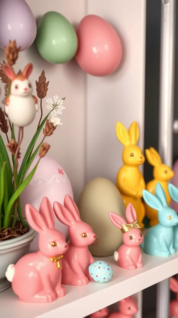 Colorful Easter decor featuring resin bunnies and eggs in pastel shades