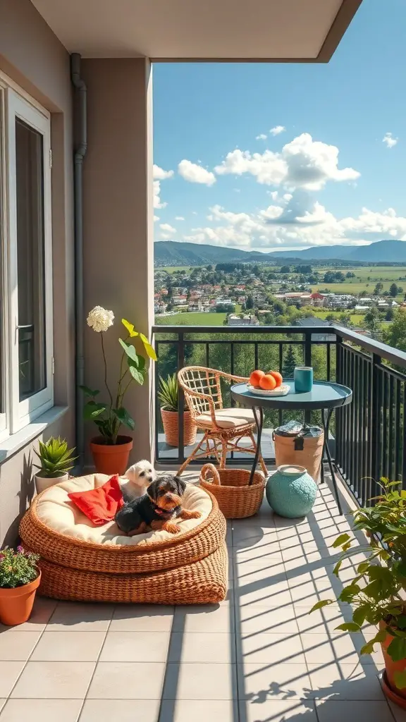 A cozy pet-friendly balcony with two dogs resting on a pet bed, surrounded by plants and outdoor furniture.