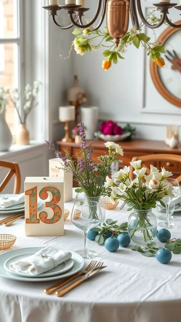 A beautifully set dining table featuring artistic table numbers and floral arrangements.