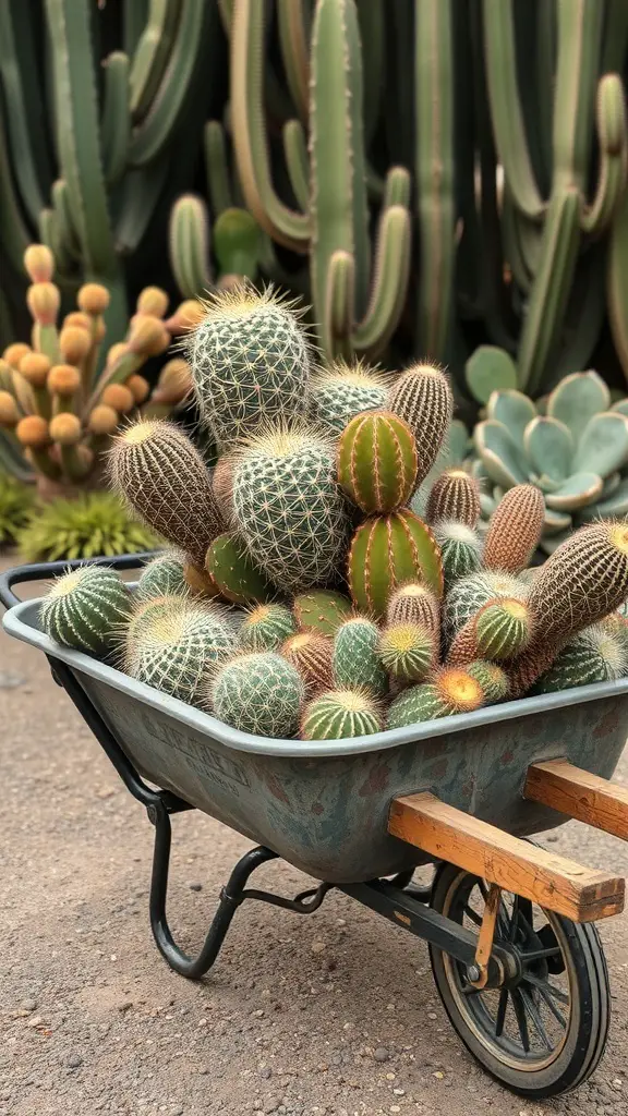 29+ Creative Wheelbarrow Garden Ideas 15 A wheelbarrow filled with various cacti in a garden setting.