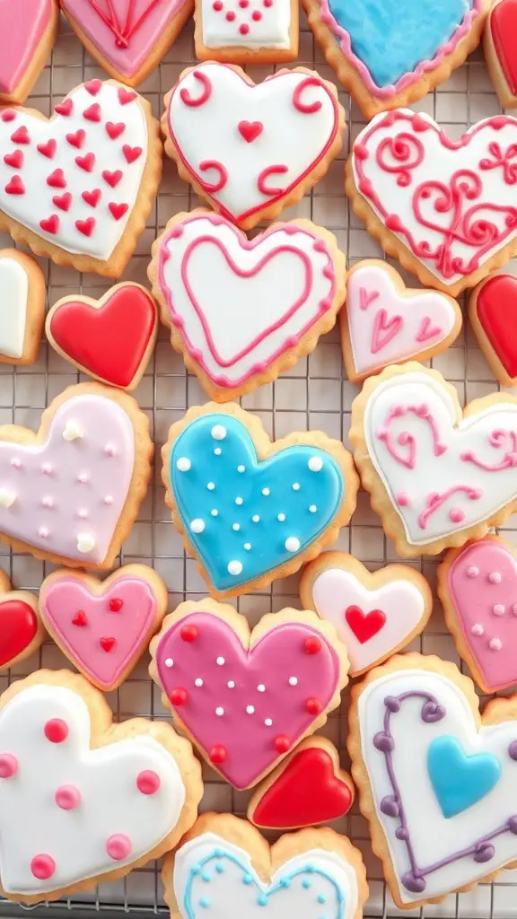 A variety of heart-shaped sugar cookies decorated with royal icing in different colors and patterns.