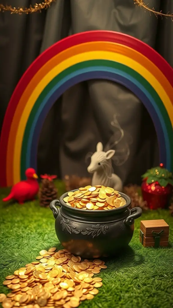 A colorful rainbow arching over a black pot filled with gold coins, with a unicorn and red birds in a grassy setting.