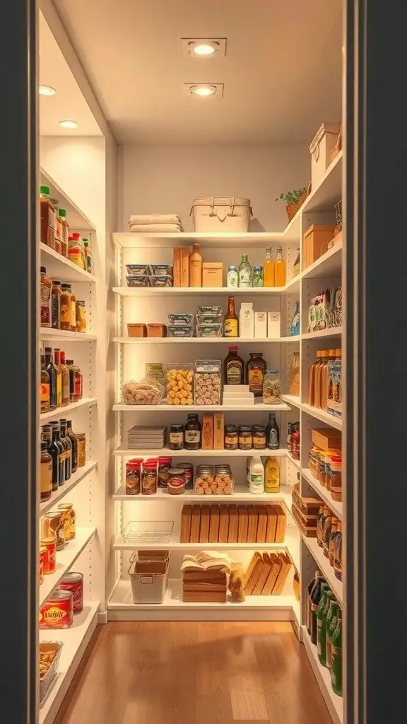 A well-organized closet pantry with bright lighting, showcasing various food items on shelves.