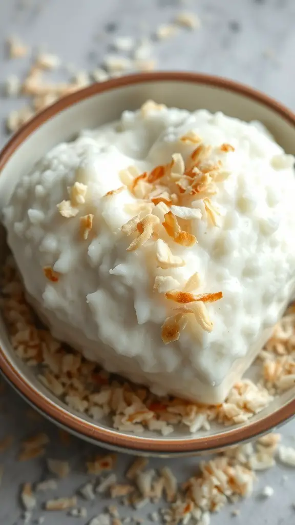 A heart-shaped bowl of coconut rice pudding topped with toasted coconut flakes.