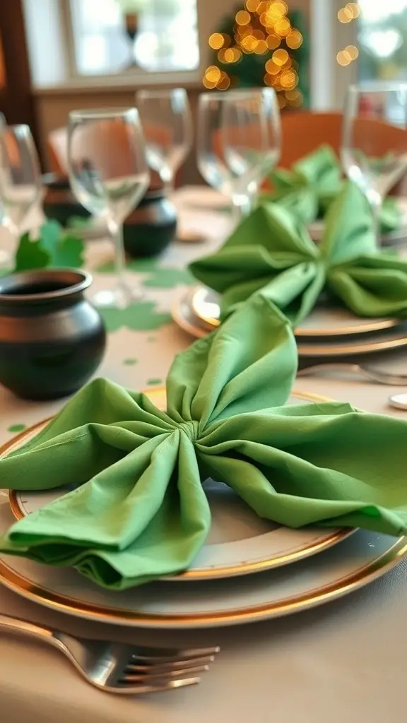 A beautifully set table for St. Patrick's Day featuring green shamrock napkin folds, elegant plates, and festive decorations.