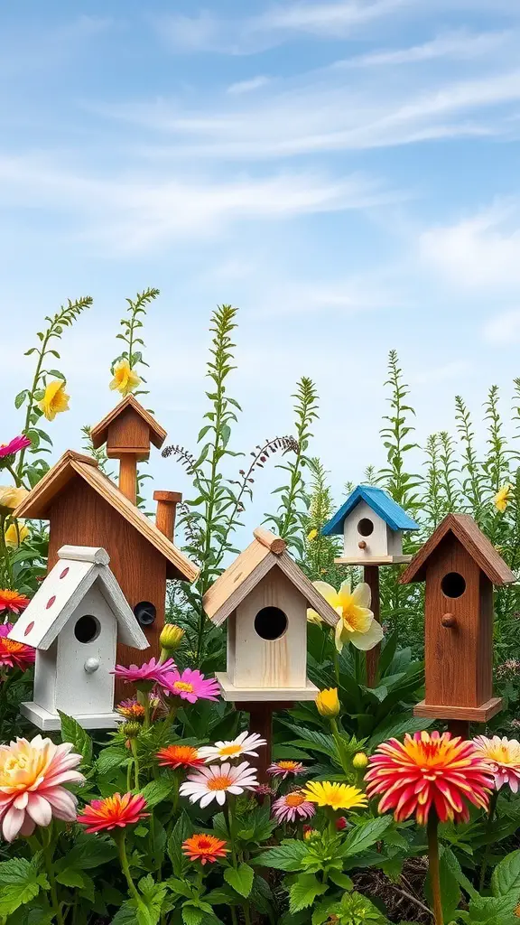 Colorful DIY birdhouses surrounded by flowers in a garden