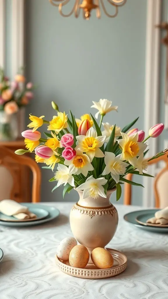 A floral centerpiece featuring tulips, daffodils, and lilies in a vase with decorative eggs on a table.