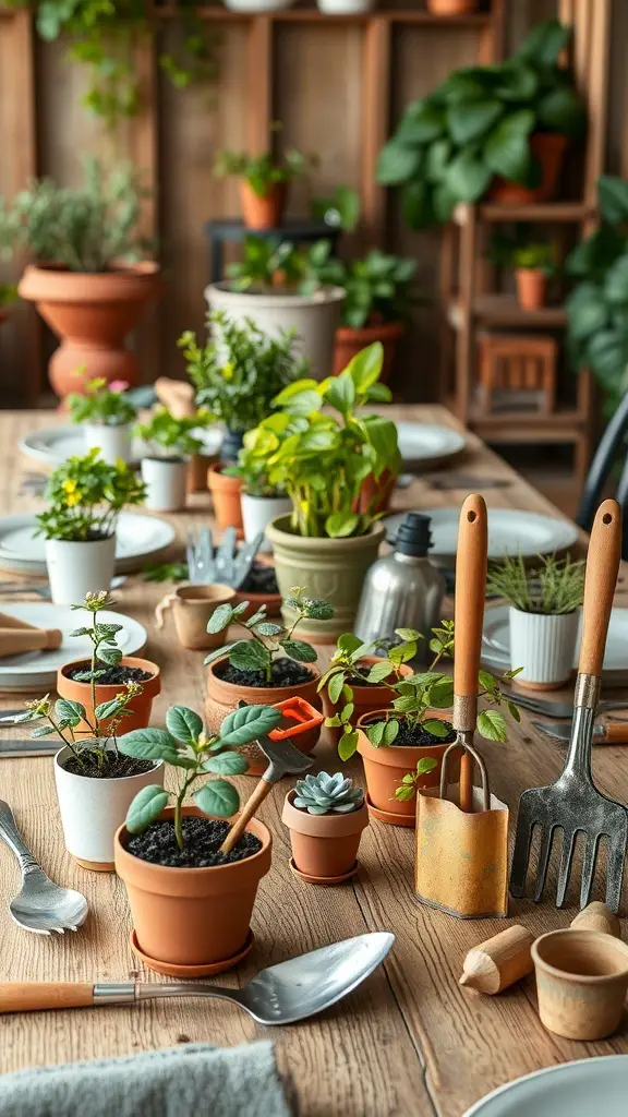 A rustic table set with potted plants and gardening tools, showcasing a spring tablescape.