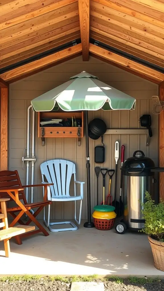 A well-organized garden shed with tools hanging on the wall, a green umbrella, and seating area.