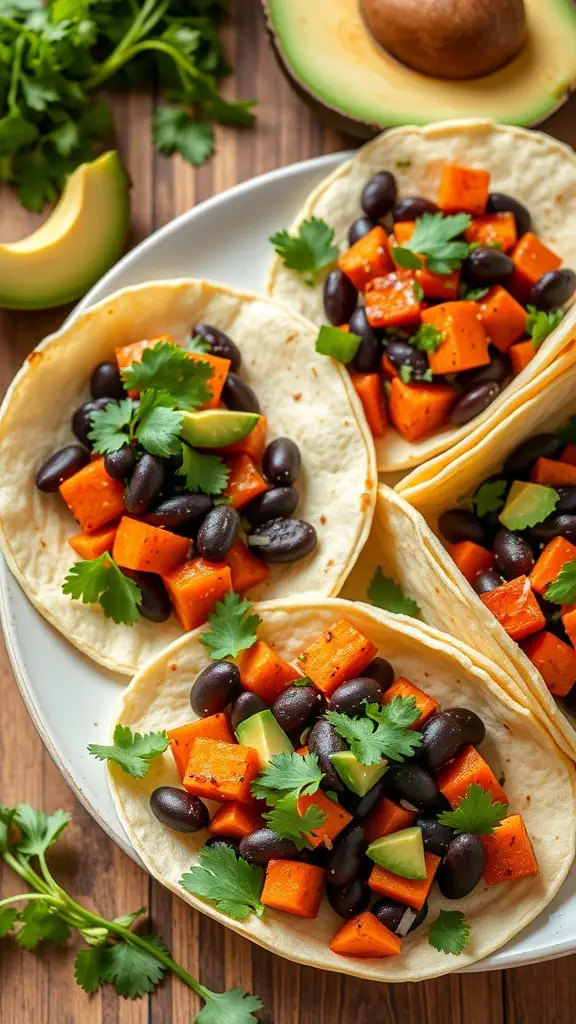 A plate of sweet potato and black bean tacos topped with cilantro and avocado slices.