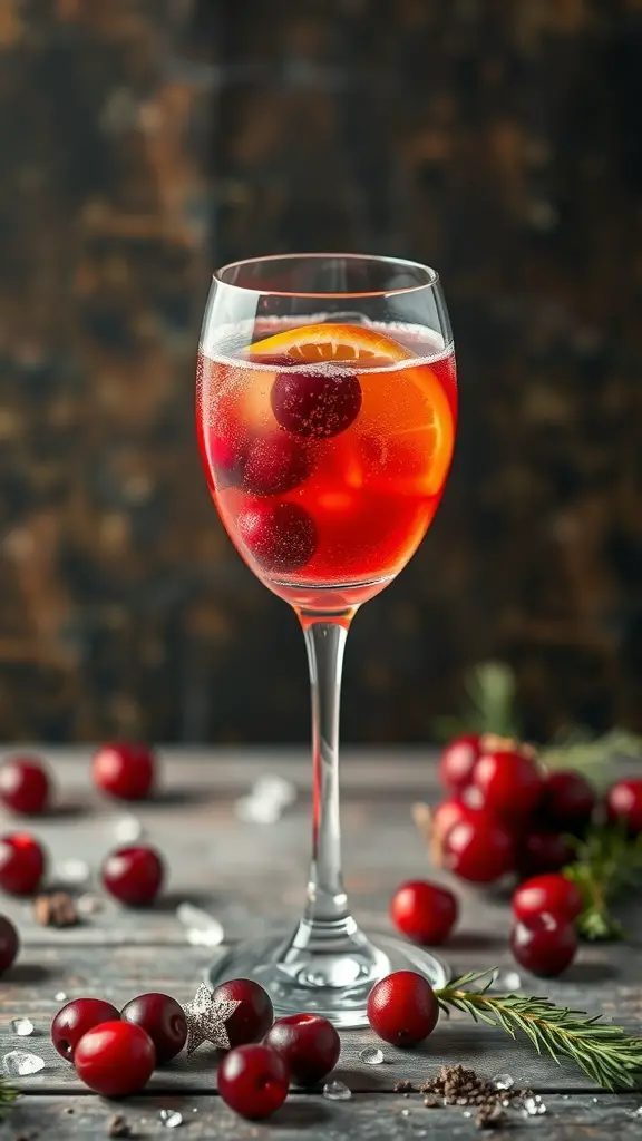A glass of Cranberry Orange Mimosa with cranberries and an orange slice, surrounded by fresh cranberries on a wooden table.