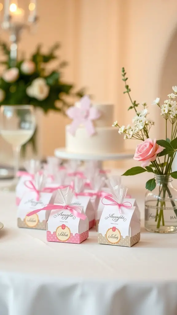 Charming table favors in decorative boxes with ribbons on a table