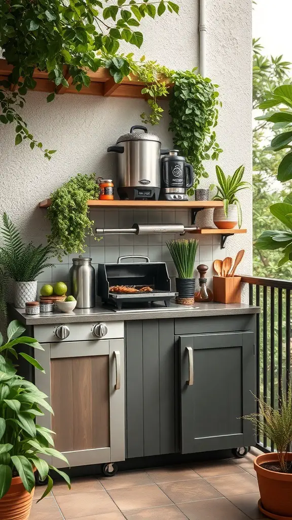 29+ Inspiring Balcony Cabinet Ideas 15 A stylish outdoor kitchenette cabinet on a balcony with plants and appliances.