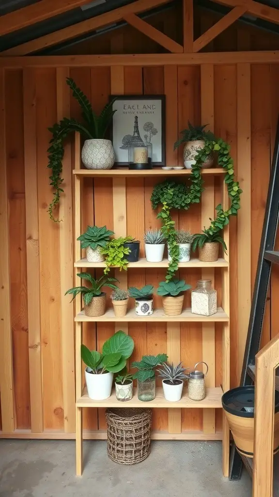 A wooden ladder shelf filled with various plants and decorative items in a shed.