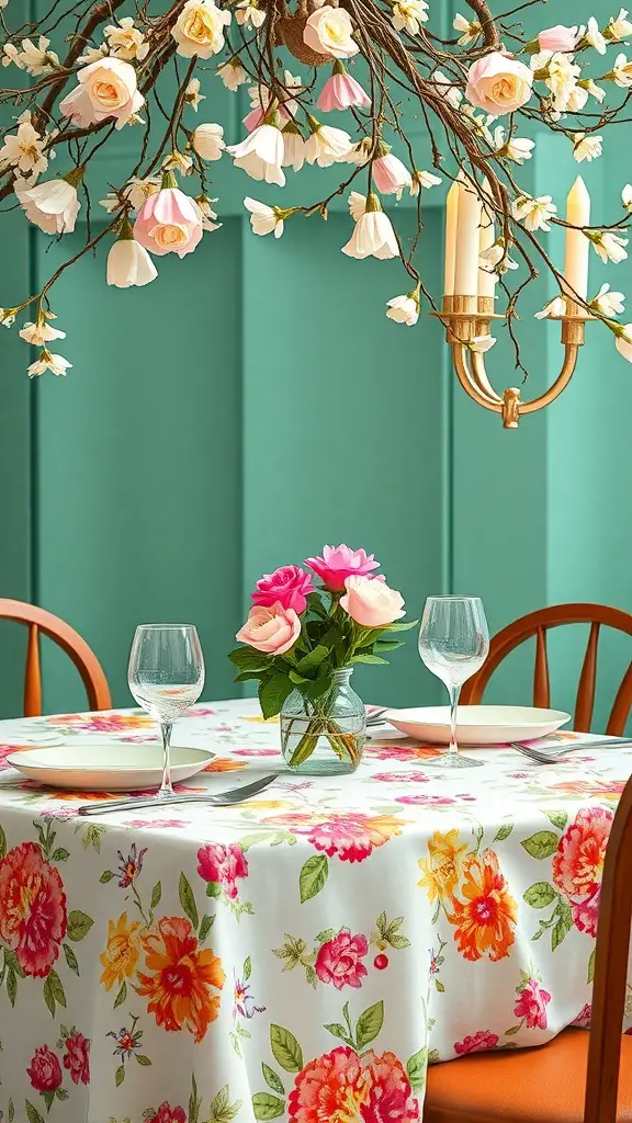 A spring dining table decorated with a colorful floral tablecloth, pink roses in a vase, and elegant glassware.