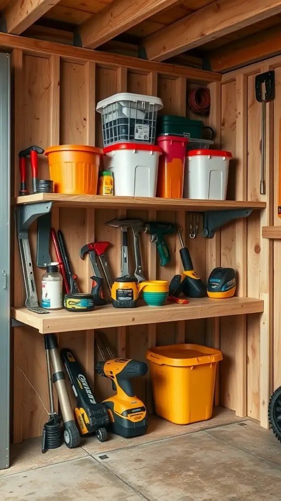 A wooden shelf in a shed displaying various tools and colorful storage containers.