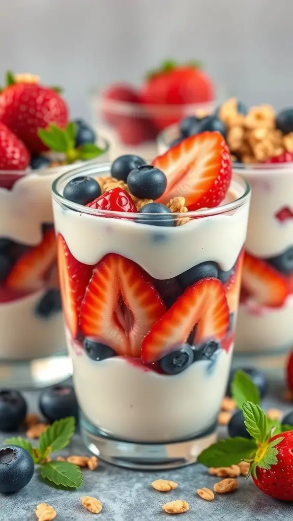 Yogurt parfaits with layers of strawberries, blueberries, and granola in clear cups.
