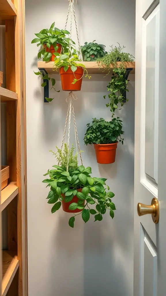 29+ Creative Small Pantry Ideas to Maximize Space 5 A small pantry with a hanging herb garden featuring various herbs in terracotta pots.