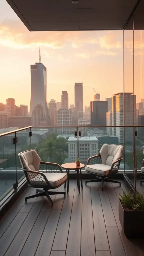Stylish balcony with two lounge chairs and a small table overlooking a city skyline at sunset.