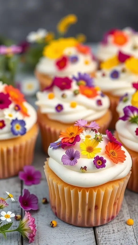 Colorful wildflower cupcakes topped with edible flowers