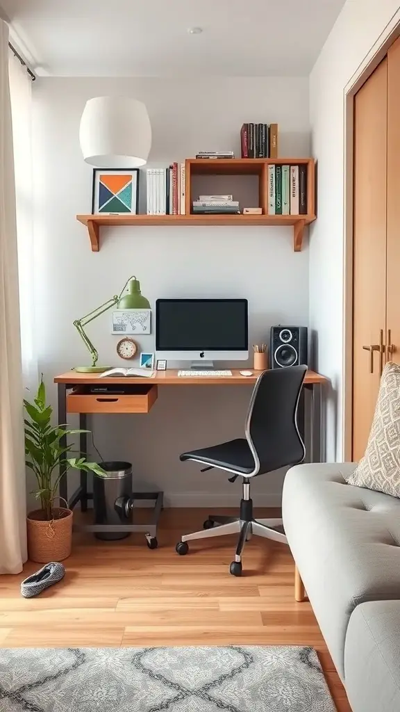 A small, stylish workspace featuring a desk, computer, chair, and decorative shelf in a cozy apartment setting.