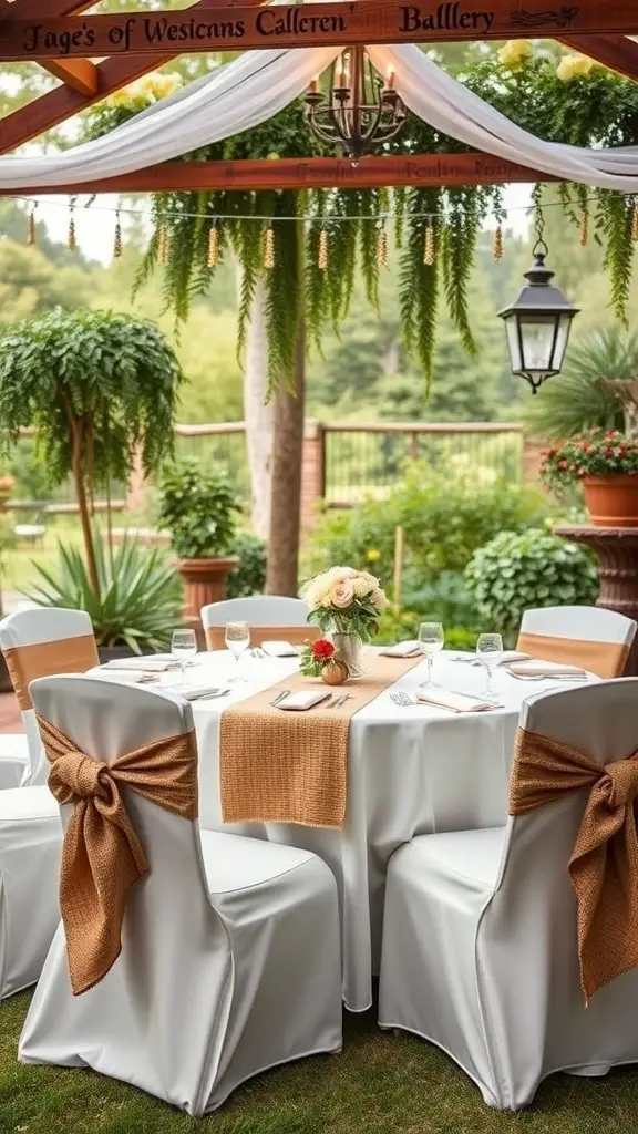 A beautifully decorated outdoor table with burlap accents, featuring white chairs and floral arrangements.