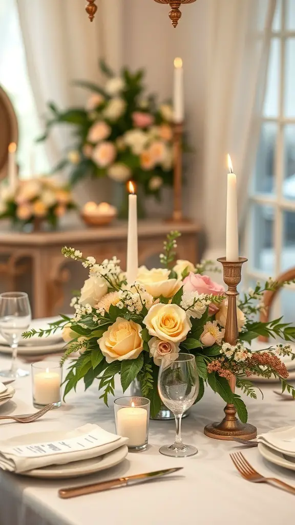 A romantic sweetheart table centerpiece featuring roses, greenery, and candles.