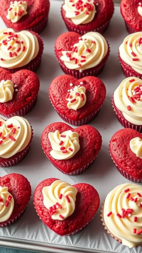 A tray of red velvet heart-shaped cupcakes topped with cream cheese frosting and colorful sprinkles.